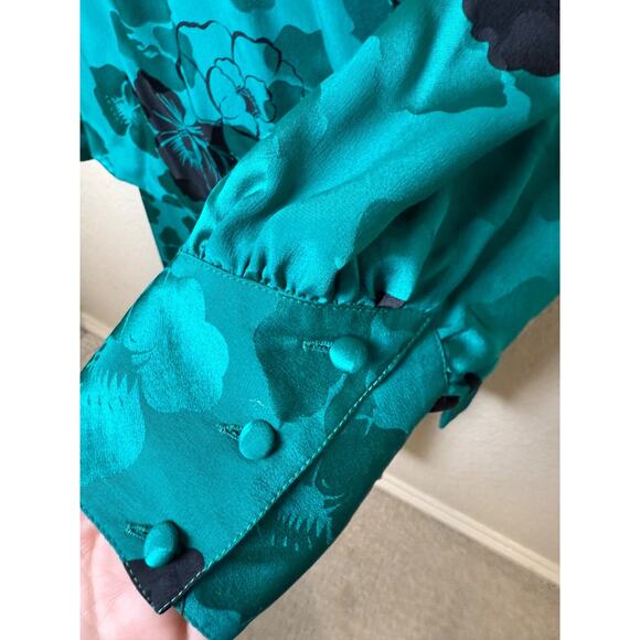 Silk Teal Green Drape Tie Floral Dress Vtg 80's Francesca Damon Starington Sz 8 - Picture 5 of 9